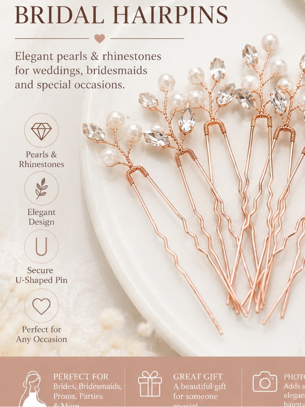 5pc Bridal Pearl & Rhinestone Hairpins - Rose Gold